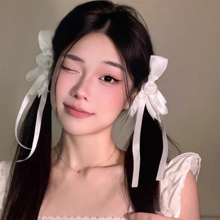 甜美白色蝴蝶结花朵发夹玫瑰花飘带双马尾对夹T洛丽塔发饰头饰女