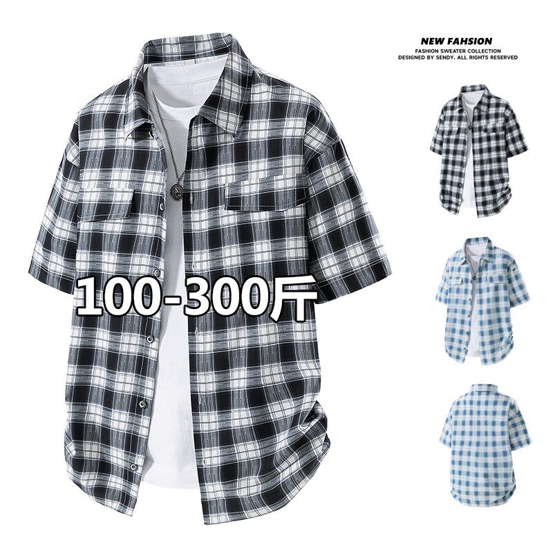 新品美式复古格子短袖衬衫男夏季薄款寸衫胖子宽R松加肥加大休闲