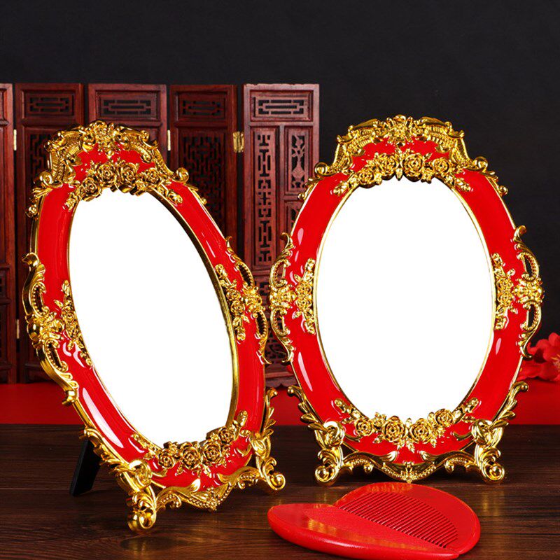 极速新娘出嫁镜子梳子结婚陪嫁镜子一F对红色圆形喜镜女方婚礼用
