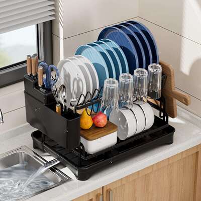 跨境厨房碗碟架台面双层置物架多功能碗筷收纳架家用碗碟沥水架