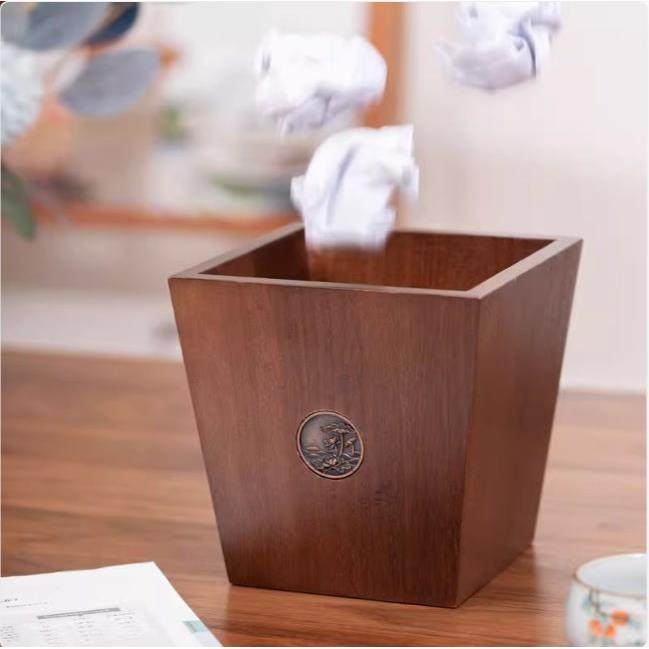 家用桌面客厅高颜值小垃圾桶创意实木中式办公室卧室床头柜废纸篓