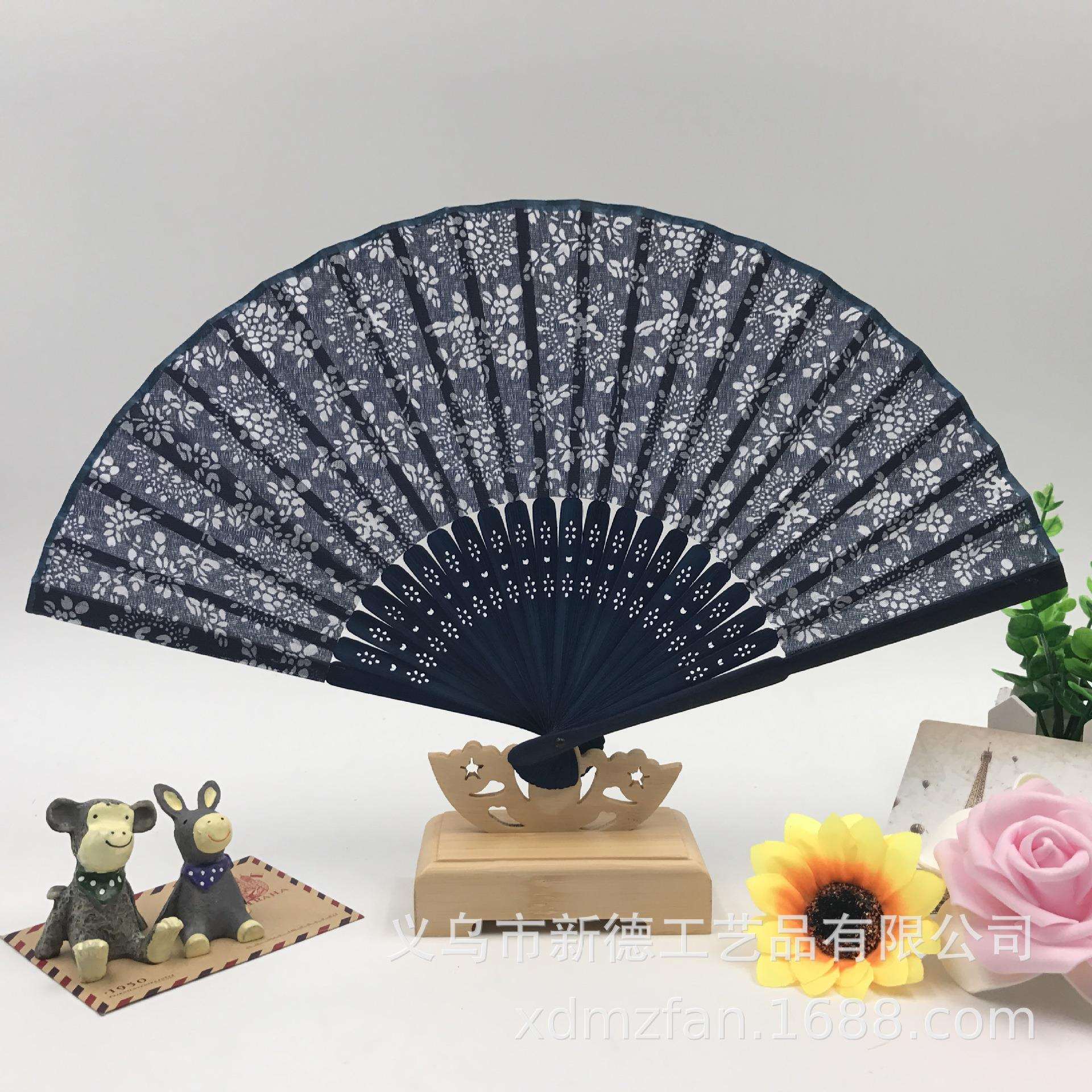 腊染印花兰花布女扇折扇*古风折扇镂空日式竹扇折叠扇子