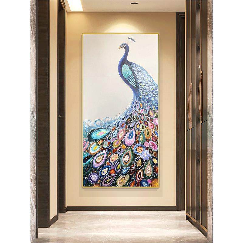 瑞杰 纯手绘油画《五彩孔雀》走廊过道装饰画 现代玄关艺术创意画
