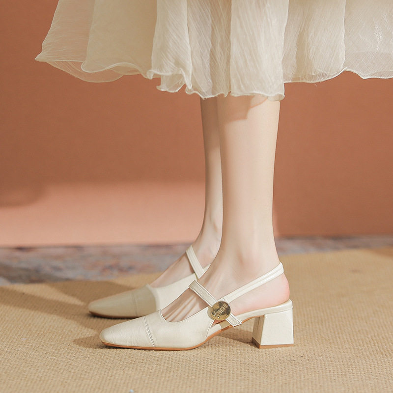 5578-8法式包头凉鞋粗跟女方头低跟5cm单鞋后空银色玛丽珍高跟鞋