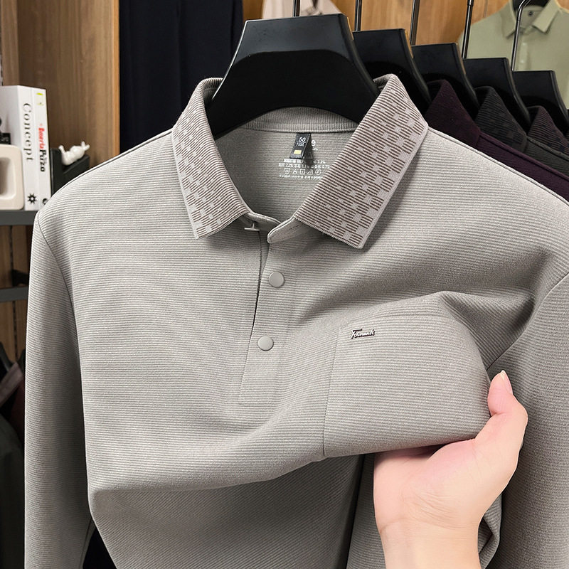 加厚310克羊毛蚕丝无痕长袖polo衫男2026春季翻领透气休闲男士t恤