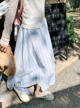 海边渡假蓝色格子半身裙女夏季2026新款高腰显瘦休闲长款a字裙子