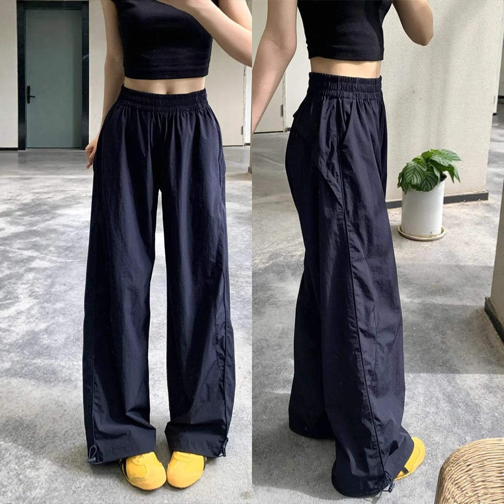 藏青色速干工装裤女夏季薄款宽松美式松弛感休闲小个子阔腿运动裤