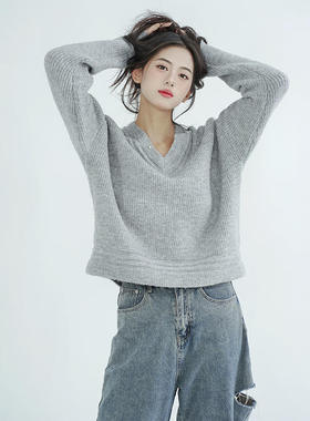 灰色鸡心领毛衣外套女款蓬松风宽松秋冬外穿打底针织衫上衣女