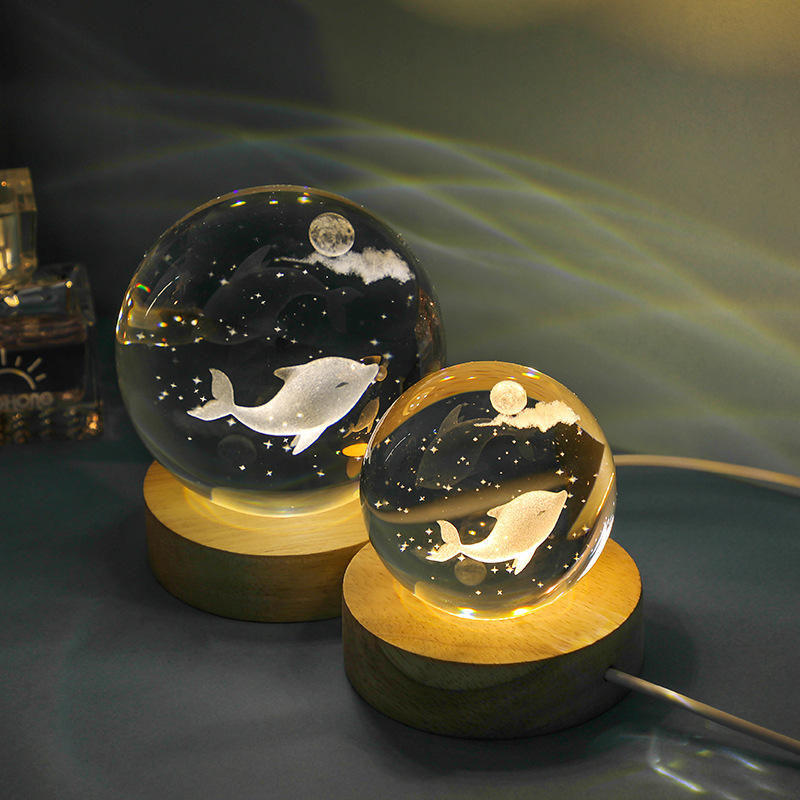 【小额】水晶球摆件深海系列3d内雕发光木底座小夜灯工艺礼品