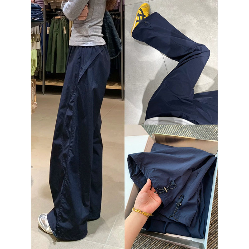 藏青色速干工装裤女夏季薄款新款防蚊防晒宽松阔腿美式运动裤