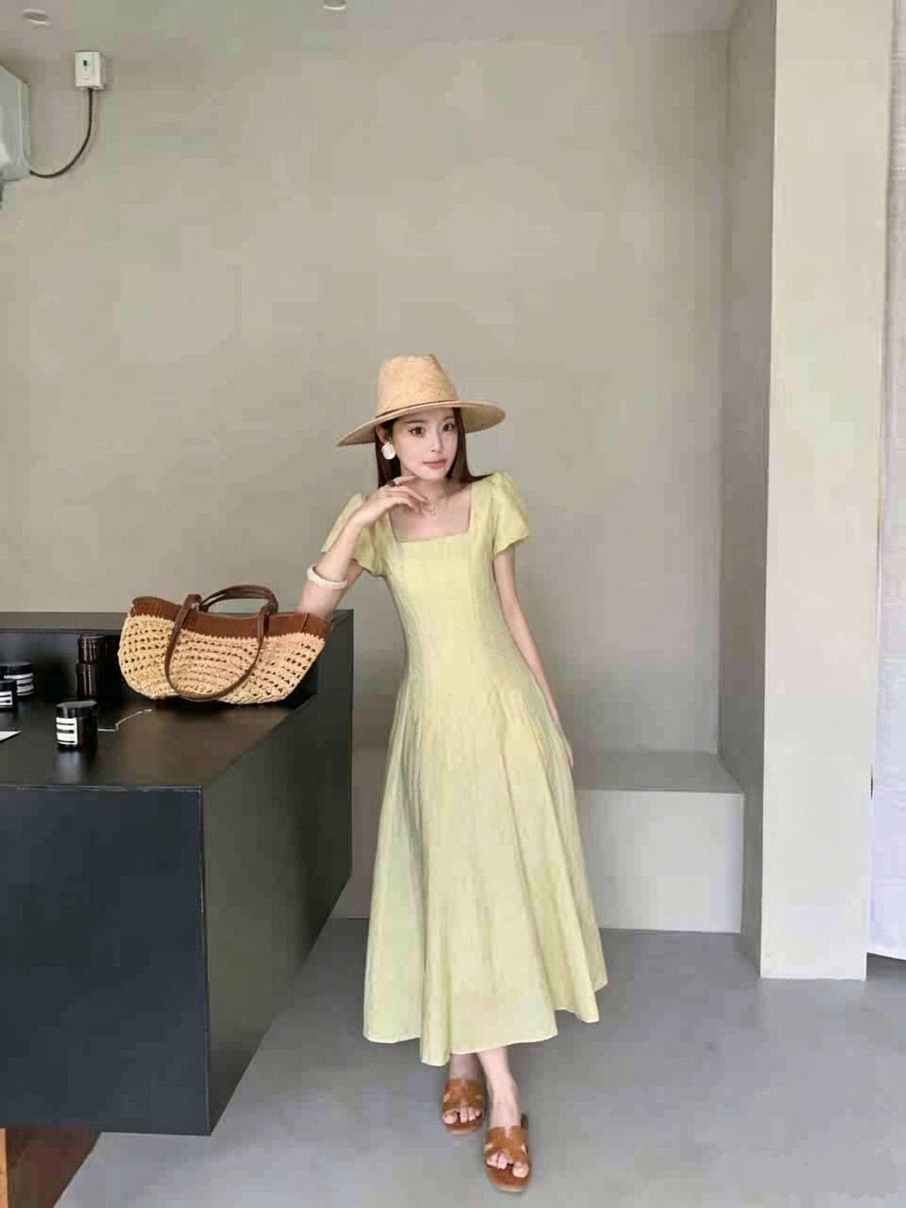 2026新款方领泡泡袖连衣裙女高腰A字少女感长裙高品质连衣裙显瘦