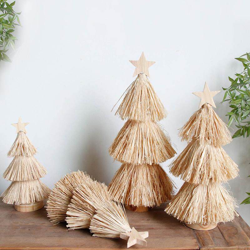 2023新款圣诞节装饰木质稻草发光圣诞树桌面摆件商用家用店铺装饰