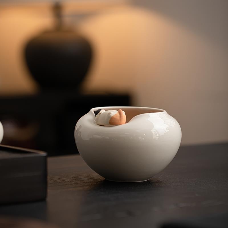 鱼戏草木灰手工猫咪陶瓷建水洗水家用茶洗杯洗茶渣缸水盂茶废水桶