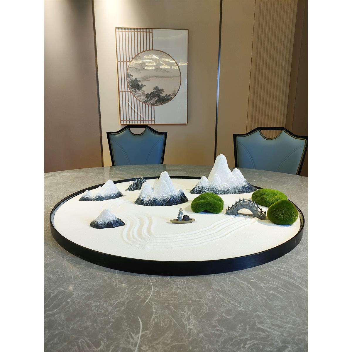 餐桌中间摆花圆桌摆电动转盘盆景高端中式饭店餐厅白沙款仿真花摆