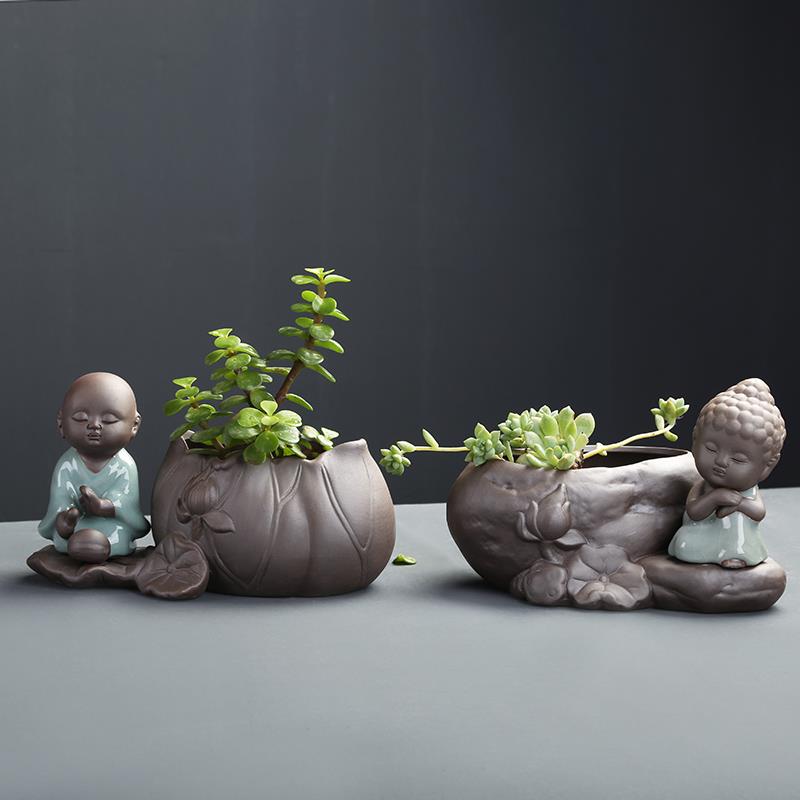 文竹小榕树创意花盆陶瓷小和尚禅意绿植盆景多肉盆器个性陶瓷摆件