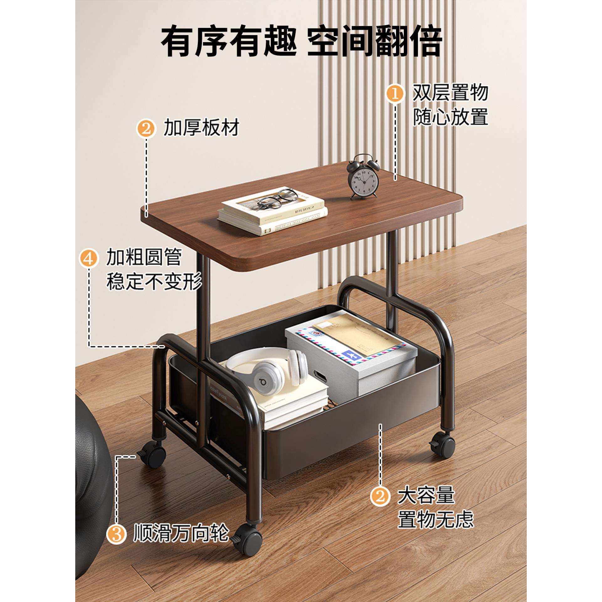 可移动茶几小推车双层边几客厅沙发收纳小桌子带轮茶桌卧室置物架