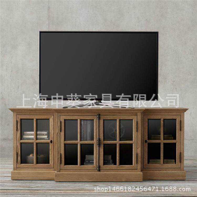 美式乡村实木玻璃门视听柜经典橡木做旧电视柜法式复古客厅家具