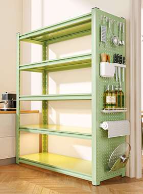 A9L厨房置物架带洞洞板落地多层绿色储物架厨具微波炉收纳架钢制