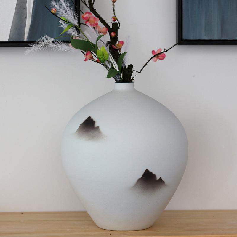 创意磨砂素烧水墨陶瓷花瓶中式简约复古茶室客厅干花插花装饰摆件