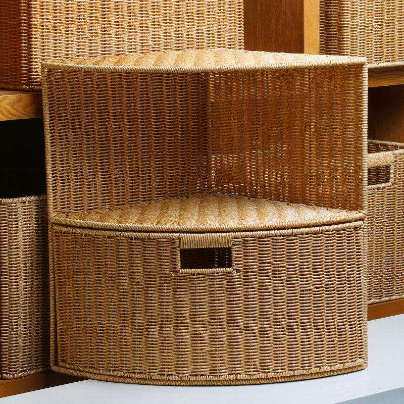 W闲储扇形置物架客厅转角收纳柜仿藤编织二层整理筐三角抽屉篮L