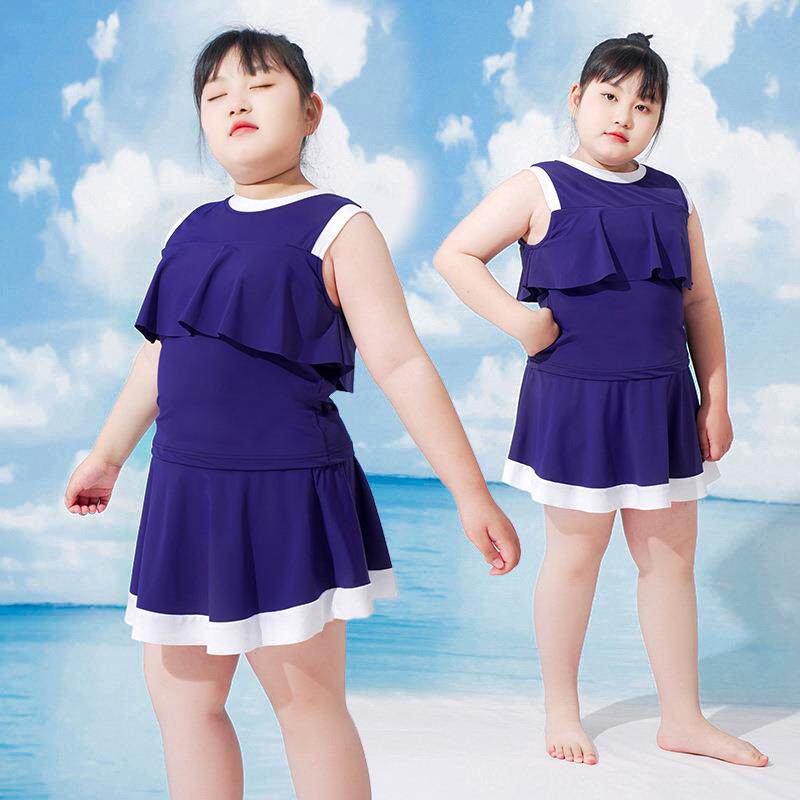 胖女童无袖泳衣套装加肥加大码宽松保守显瘦分体泳装温泉偏胖女孩