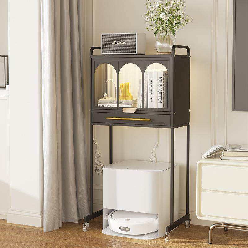 防尘高脚收纳柜落地万向轮防尘上翻门带抽屉扫地机器人置物架