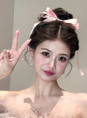 蝴蝶结飘带发夹女网红半扎发