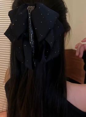 黑色蝴蝶结发夹女流苏抓夹满天星头饰2024新款后脑勺鲨鱼夹子发卡