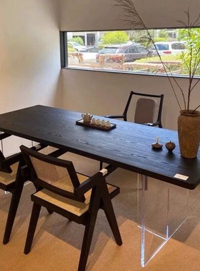 碳化黑色实木餐桌原木办公桌大板工作台简风亚克力板桌悬浮茶桌