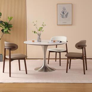 实木复古圆形餐桌简约纯白小户型德利丰岩板圆桌家用饭桌洽谈桌