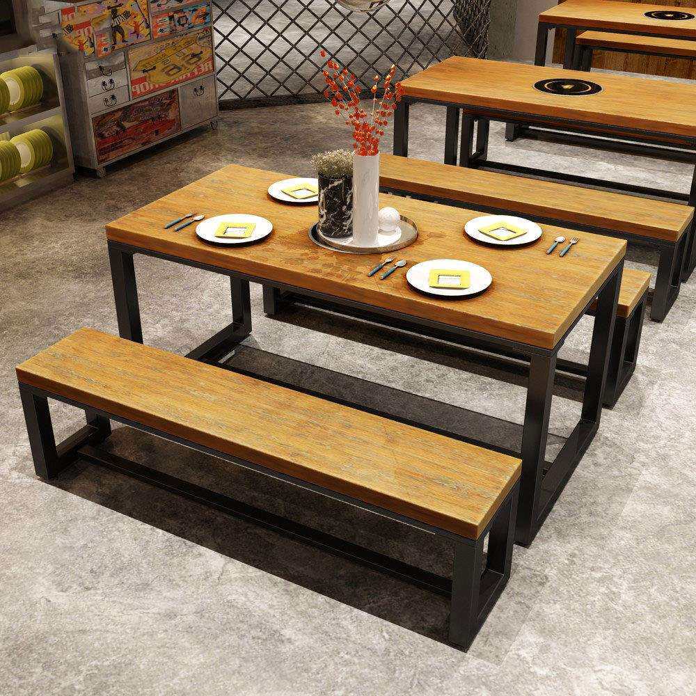 北欧实木餐桌甜品店火锅店桌椅组合餐厅饭店铁艺长桌椅可