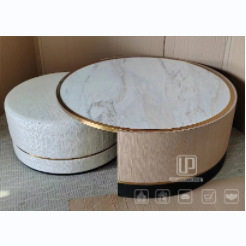 欧式轻奢现代亮光岩板高低圆形茶几组合五金装饰条客厅家用咖啡桌