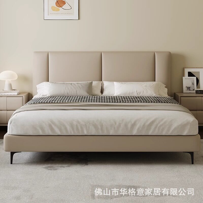 奶油风真皮床现代简约小户型1.8米主卧床酒店公寓家用齐边软包床