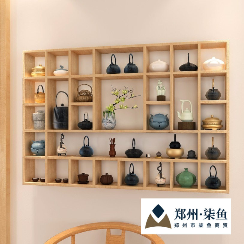 隔板壁挂墙上置物架茶壶展示架实木格子架茶杯架实木挂墙木格