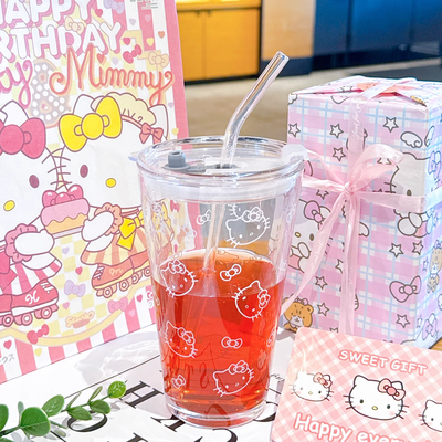 玻璃杯hellokitty耐高温高颜值家用带盖子果汁牛奶杯学生大容量杯