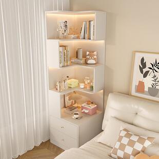 奶油风卧室床头柜置物架一体收纳柜小户型儿童转角书架多功能角柜