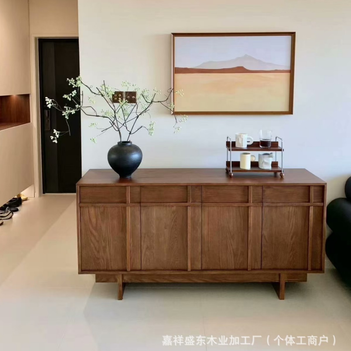 新中式餐边柜客厅储物柜中古风沙发背靠墙矮柜玄关长条柜实木柜子