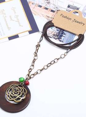 极速Punbk Jewelry Wooden Pendant Long Ladies Necklace Vintag