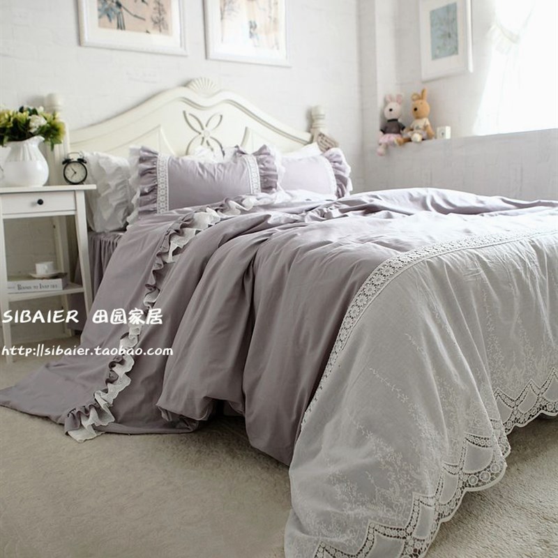 极速韩版新款**灰色绣花蕾丝工艺贡缎床上Y用品四件套