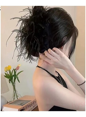 极速黑色羽毛g抓夹大号鸵鸟毛发夹女后脑勺毛毛鲨鱼夹秋冬款高端