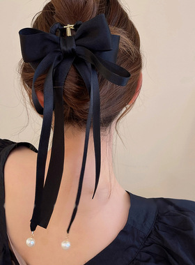 极速法式复古布艺蝴蝶结飘带珍珠抓夹insL时尚盘发鲨鱼夹发夹新款