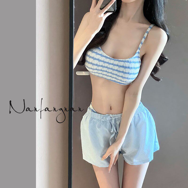 新品2025分体k泳衣女带罩衫比基尼蓝色夏季新款小胸聚拢海边度假