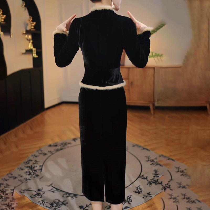 新品改良旗袍连衣裙2025新款女秋冬加绒气质妈妈高端W贵夫人修身