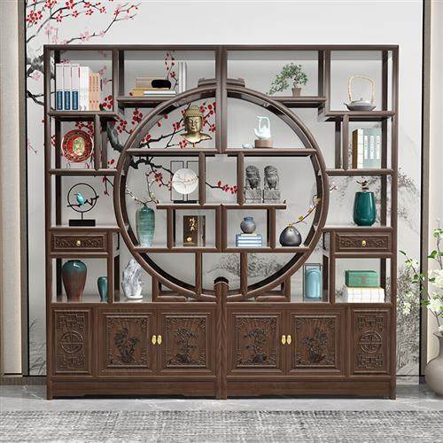 极速茶桌背景柜h 菠萝格博古架实木新中式茶室置物架子摆件办公室