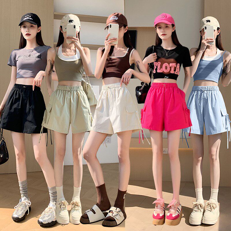 新品美式抽绳工装裤短裤女夏季薄款五分裤L高腰宽松休闲a字裤阔腿