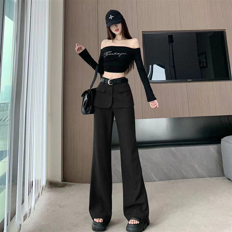 极速灰色阔腿西装裤n女春季高腰显瘦时尚假两件裙裤宽松直筒垂感