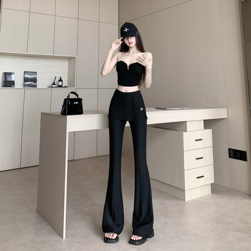 极速黑色微喇西装裤女夏季ivns潮时尚假两件高腰裤裙修身垂坠感拖