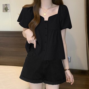 新品大码女装2025夏季新款方领泡泡袖衬衫女胖mm遮V肚显瘦正肩短
