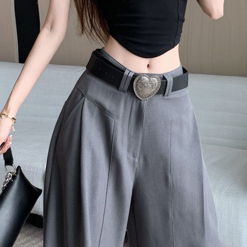 极速灰色a阔腿西装裤女宽松直筒夏季设计感高腰裤时尚百搭垂感拖