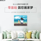 新品 数字油画diy手工填充温馨女孩和小猫看日出手W绘涂色丙烯油彩